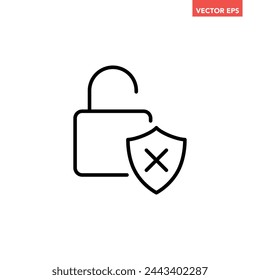 Single black unsecured password line icon, simple flat design illustration pictogram, infographic vector for app ads web banner button ui interface elements isolated on white background