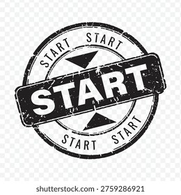 Single black vintage circular grunge rubber stamp featuring start text for beginning process and initiative launch