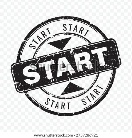 Single black vintage circular grunge rubber stamp featuring start text for beginning process and initiative launch