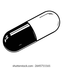 A single black and white capsule lies horizontally on a stark white background.