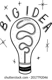 Un solo icono vectorial dibujado a mano en blanco y negro de bombilla de luz con palabras Gran idea en letra simple con estrellas de línea y textura brillante, de vuelta a la escuela 2021 diseño aislado de iconos vectoriales