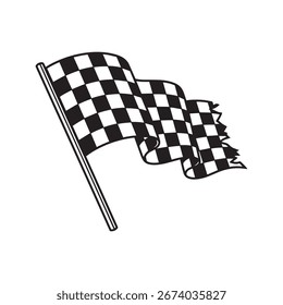 Eine einzige schwarz-weiß karierte Rennfahne, die auf einer Stange schwenkt und den Sieg und das Ende eines Motorsportrennens symbolisiert, Vektorgrafik.