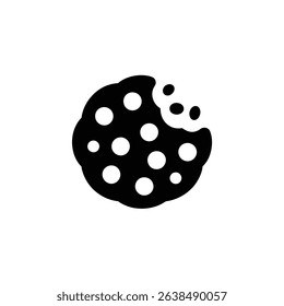 Single, black and white graphic illustration featuring a chocolate chip cookie with a missing bite, isolated against a clean white backdrop. The simple design is engaging.