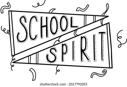 Single black and white isolated hand drawn vector cartoon two banners reading School Spirit with confetti and streamers. Back to school 2021 vector icon, sticker design, banner design