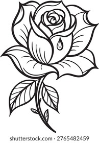 Single black and white line art rose with dew drop