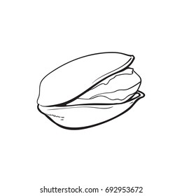 Single black and white pistachio nut, hand drawn sketch style vector illustration isolated on white background. Realistic hand drawing of pistachio nut, vegetarian snack