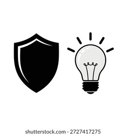 Icono de Vector blanco y negro de la idea de la bombilla y protección del escudo