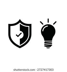 Icono de Vector blanco y negro de la idea de la bombilla y protección del escudo