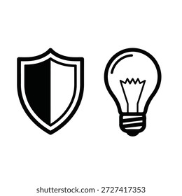 Single black and white vector icon of light bulb idea and shield protection