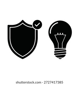 Single black and white vector icon of light bulb idea and shield protection