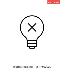 Single black wrong idea line icon, simple lightbulb with cross mark flat design illustration pictogram, infographic vector for app web banner button ui interface elements isolated on white background