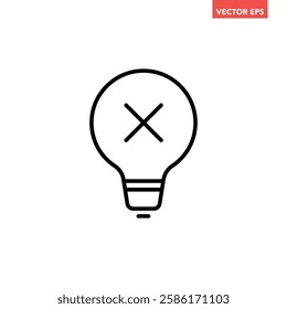 Single black wrong idea line icon, simple lightbulb with cross mark flat design illustration pictogram, infographic vector for app web banner button ui interface elements isolated on white background