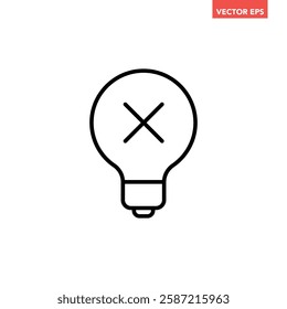 Single black wrong idea line icon, simple lightbulb with cross mark flat design illustration pictogram, infographic vector for app web banner button ui interface elements isolated on white background