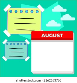 Single Blank Calendar Template For August With Sticky Notes. Calendar Template Suitable For Social Media Content.