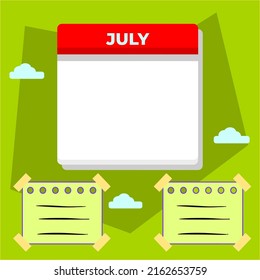 Single Blank Calendar Template For July With Sticky Notes. Calendar Template Suitable For Social Media Content.