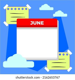 Single Blank Calendar Template For June With Sticky Notes. Calendar Template Suitable For Social Media Content.