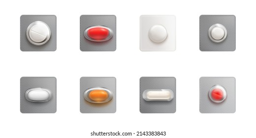 Blisters individuales con cápsulas y pastillas aisladas sobre fondo blanco. Modelación vectorial realista del paquete de medicamentos 3d, comprimidos blancos, rojos y naranjas y cápsulas en envase de plástico y aluminio