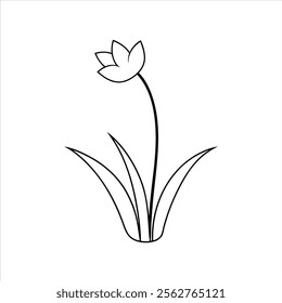 Single Bloom Emerging from Grass Line Art Vector