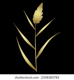 Single blooming branch. Golden glossy silhouette on black background.