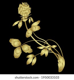 Single blooming branch  of red clover with. Golden glossy silhouette on black background. Beautiful floral wildflower art. Golden glossy silhouette on black background.