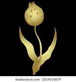Una sola rama floreciente de tulipán. Silueta dorada y brillante sobre fondo negro.