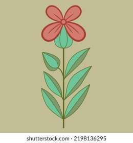 Una sola rama floreciente. Ropa vertical con hojas verdes y una flor roja. Estilo popular. Ilustración vectorial aislada. En el fondo claro.