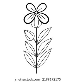 Single blooming branch. Vertical stem with leaves and a flower. Folk style. Isolated vector illustration. Black and white linear silhouette.