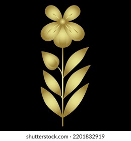 Single blooming branch. Vertical stem with leaves and a flower. Folk style. Golden silhouette on white background.