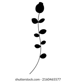 Single blooming floral branch. Stylized flower. Black silhouette on white background.