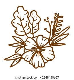 single blooming flower with beauty arrangement of leaves with doodle hand drawn style illustration