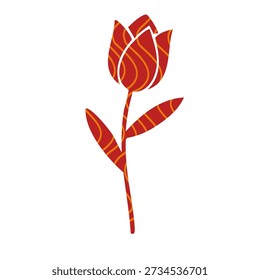 single blooming red tulip with artistic textured petals and long green leaves
