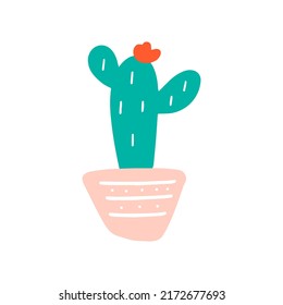 Single blossom cactus grawing in a pink pot. Mexican houseplant for your t shirt design, postcard, poster. Hand drawn vector illustration on a white background.