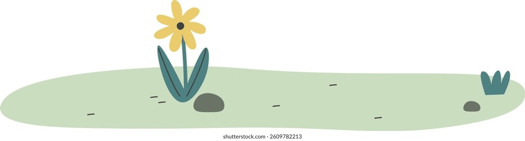 A single blossom with leaves rests on a flat, grassy area with small stones.  A simple plant and rocks sit in a tranquil field setting. Cartoon vector illustration