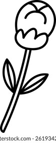 A single blossom with a thick outline and minimal leaves is depicted in a clean style.  The delicate plant features a rounded bud and simple foliage, perfect for a child's book. vector illustration