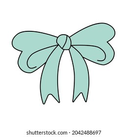 Single blue bowknot in doodle style. Vector illustration of tie isolated on white background. Sign for decoration, design, greeting cards, stickers and posters