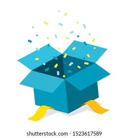 Single blue cube open giftbox / square present with yellow ribbon flat isometric illustration design, surprise confetti inside, vector interface app icon ui ux banner web isolated on white background