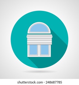 Single blue flat vector icon for white frame arch window with rolled blinds on gray background. Long shadow design.