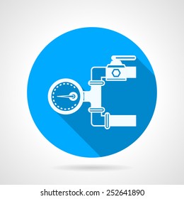 Single blue flat vector icon with white silhouette hydraulic pressure gauge for underfloor heating on gray background with long shadow.