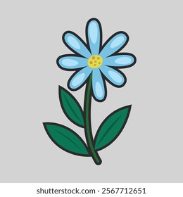 single blue flower with outline flat vector design.