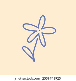 Single blue flower outline on light background, hand drawn illustration, flat style