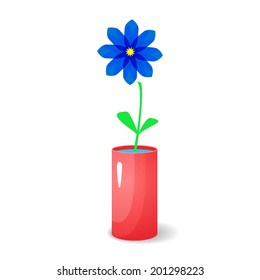 Single blue flower in red glossy vase with elements of transparency and isolated on background, vector holiday illustration