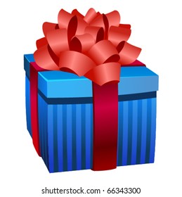 Single blue gift box with red ribbon on white background.