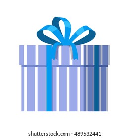 Single blue gift box with blue ribbon in flat design. Beautiful present box with overwhelming bow. Gift box icon. Gift symbol. Christmas gift box. Isolated vector illustration
