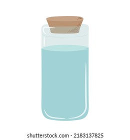 Single blue glass jar with liquid inside. The jar is closed with a stopper drawn by hand in the style of doodle. Isolated vector illustration.