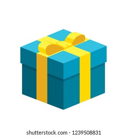 Single blue green square present / gift boxes with golden yellow ribbon bow flat design illustration. Isometric vectir interface element for app ui ux web banner icon isolated on white background