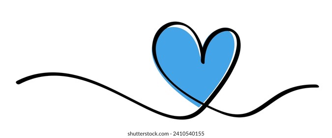 Single blue heart continuous wavy line art drawing on white background. Happy Valentine's day header or banner or letter template. Vector illustration