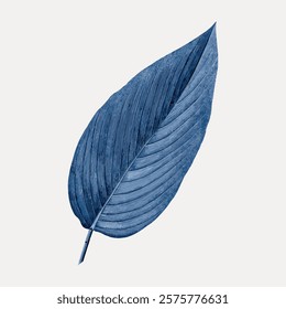 A single blue leaf with detailed veins, isolated on a light background. The blue leaf stands out with its intricate texture and unique blue hue. Vintage art drawing, isolated vector element.