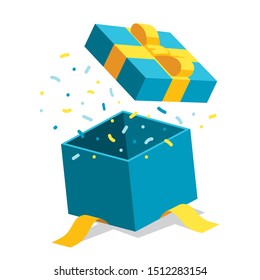 Single blue open giftbox / square present with yellow ribbon bow flat isometric illustration design, surprise with confetti, vector interface app icon ui ux banner web isolated on white background