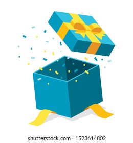 Single blue open giftbox / square present with yellow ribbon bow flat isometric illustration design, surprise confetti inside, vector interface app icon ui ux banner web isolated on white background