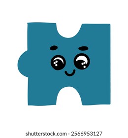 A single blue puzzle piece with a friendly cartoon face. Perfect for projects related to puzzles, problem-solving, childhood, and games.